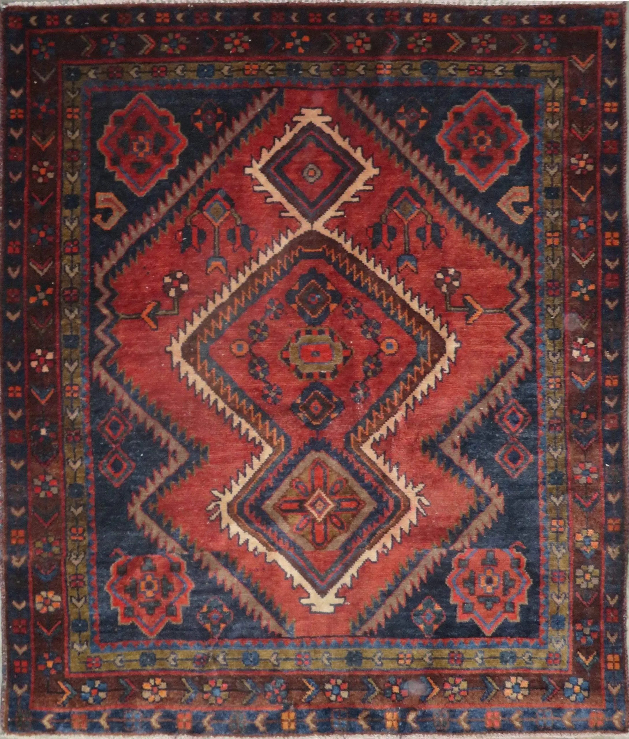 One Of The Kind Hand-Knotted Persian Wool Rug _ Luxurious Vintage Design, 5'5" x 4'5", Artisan Crafted
